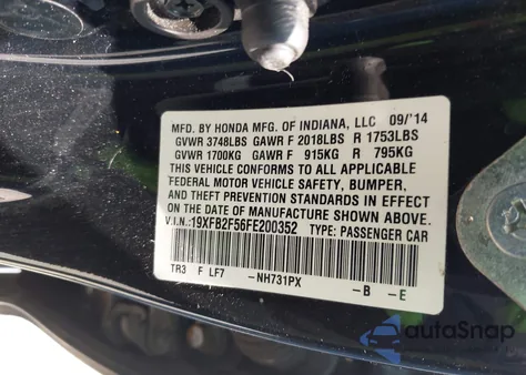 2015 Honda Civic Lx из США, поврежденный, VIN 19XFB2F56FE200352